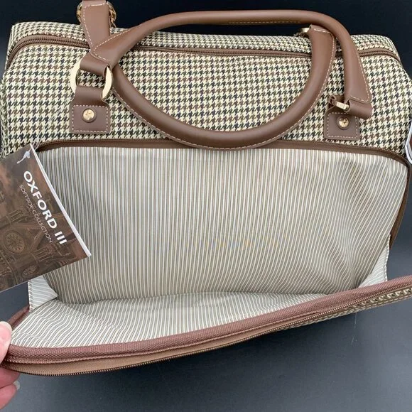 London Fog Oxford III Olive Houndstooth Carry On Duffel Bag Leather Trim 16" - Picture 6 of 8